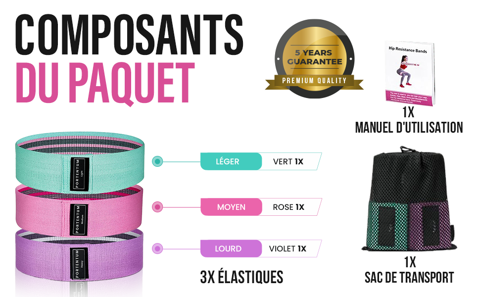 PORTENTUM Elastique Musculation - Bandes Elastiques de Fitness antidérapantes en Tissu, 3 Niveaux de résistance pour Crossfit, Yoga, fessiers et Autres Sports et Sac de Rangement