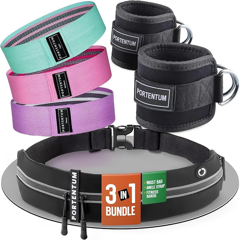 PORTENTUM Elastique Musculation - Bandes Elastiques de Fitness antidérapantes en Tissu, 3 Niveaux de résistance pour Crossfit, Yoga, fessiers et Autres Sports et Sac de Rangement