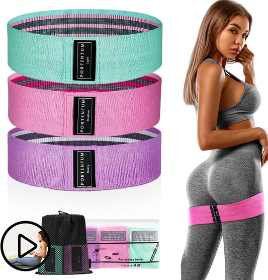 PORTENTUM Elastique Musculation - Bandes Elastiques de Fitness antidérapantes en Tissu, 3 Niveaux de résistance pour Crossfit, Yoga, fessiers et Autres Sports et Sac de Rangement