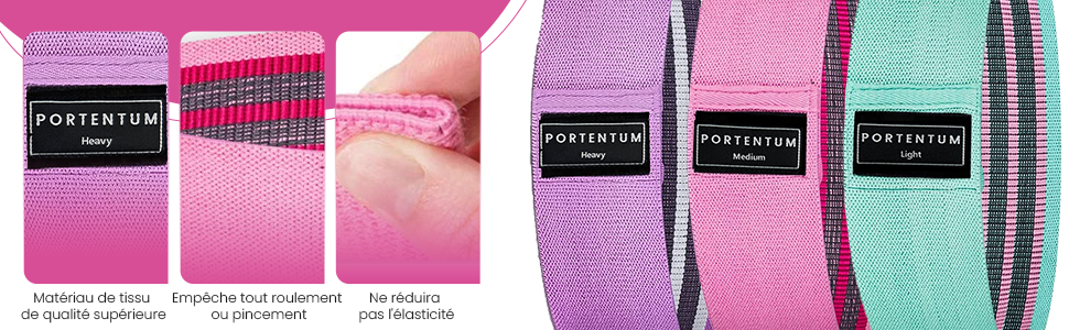 PORTENTUM Elastique Musculation - Bandes Elastiques de Fitness antidérapantes en Tissu, 3 Niveaux de résistance pour Crossfit, Yoga, fessiers et Autres Sports et Sac de Rangement