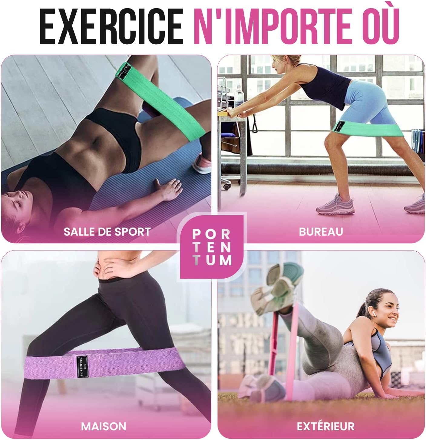 PORTENTUM Elastique Musculation - Bandes Elastiques de Fitness antidérapantes en Tissu, 3 Niveaux de résistance pour Crossfit, Yoga, fessiers et Autres Sports et Sac de Rangement